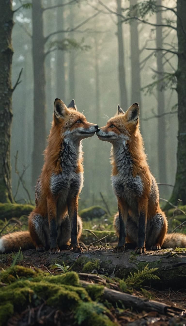 Foxes Chatting in Misty Forest: 3D Rendered
