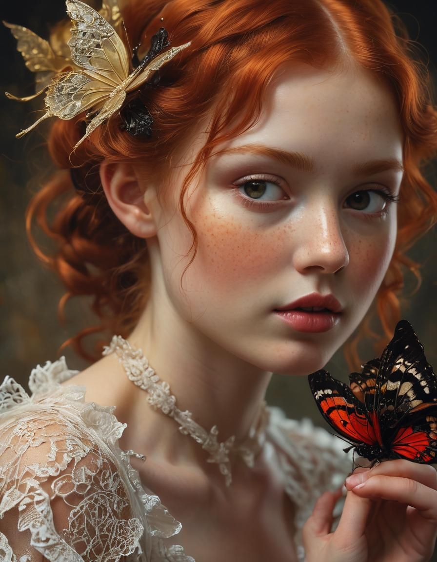 Majestic Red Haired Fairy with Black Wings and Delicate Lace...
