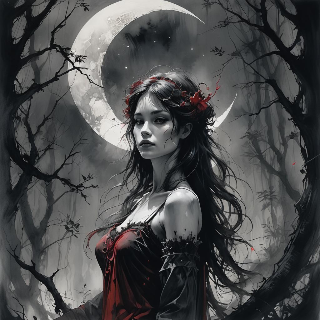 Woman on Crescent Moon in Ashley Wood Style