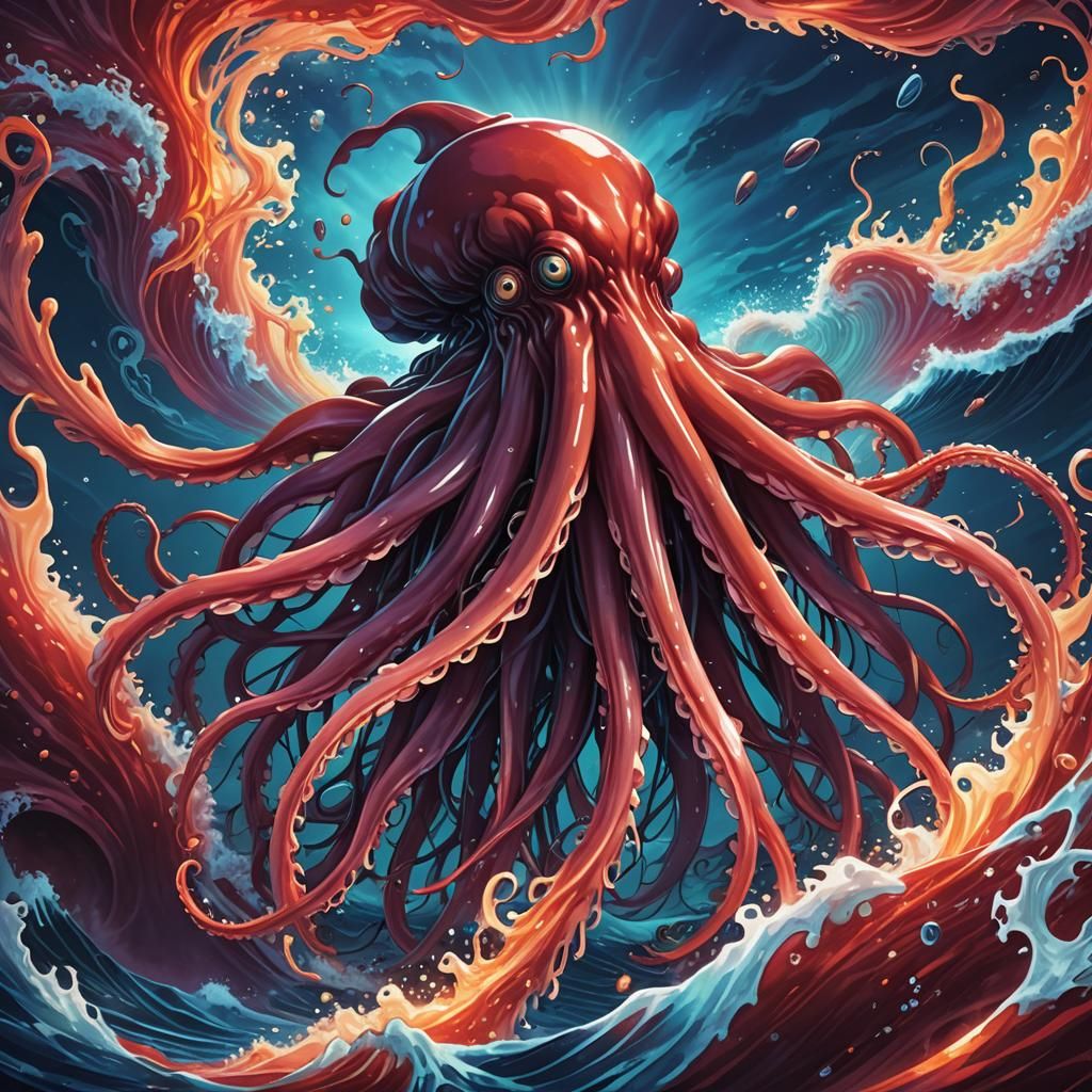 Colossal Squid Emerges from Crimson Ocean: Anime Style