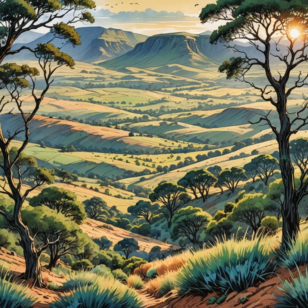 South African Hills in Watercolour Art