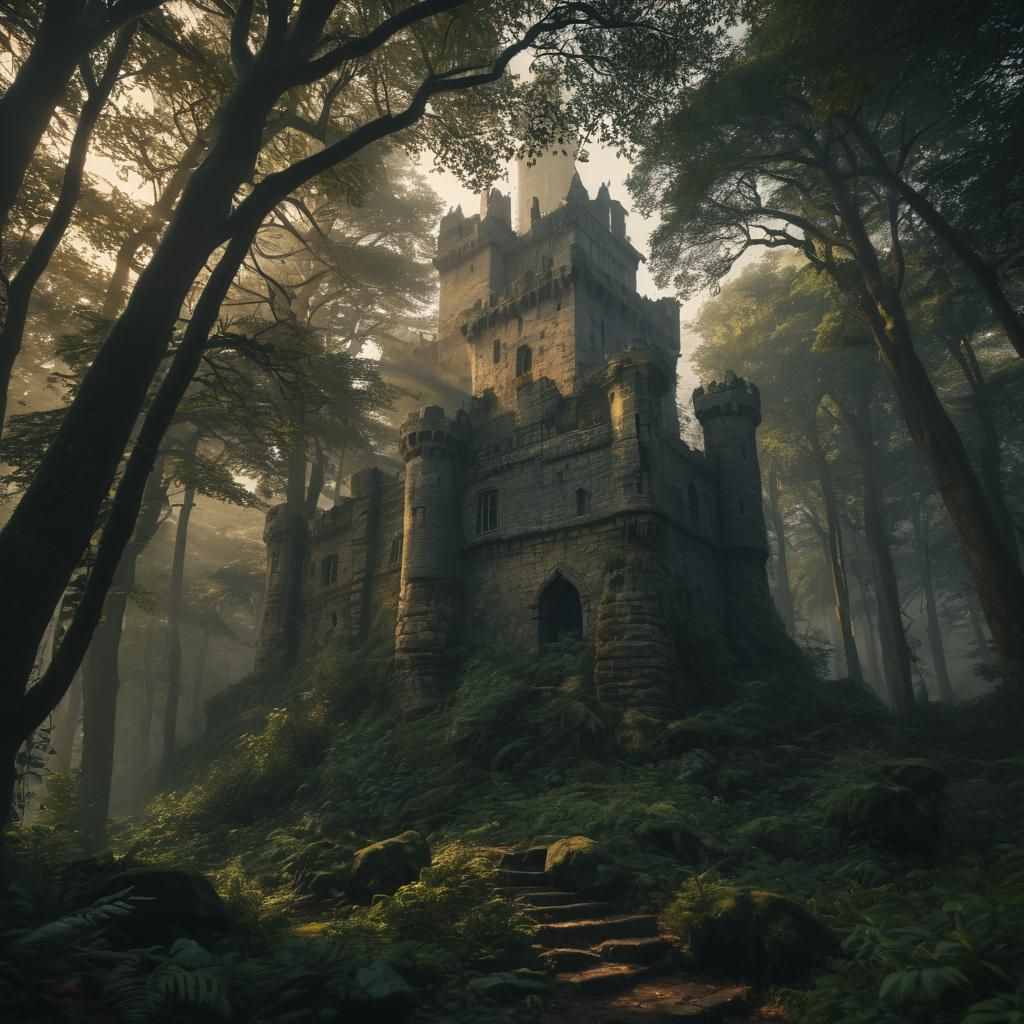 Majestic Castle in Mystical Forest: Cinematic Film Still