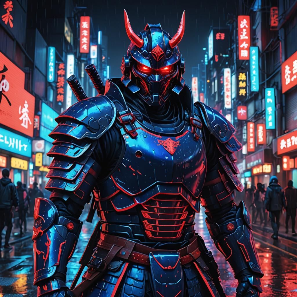 Neon Anime Samurai with Glowing Eyes in Cyberpunk City