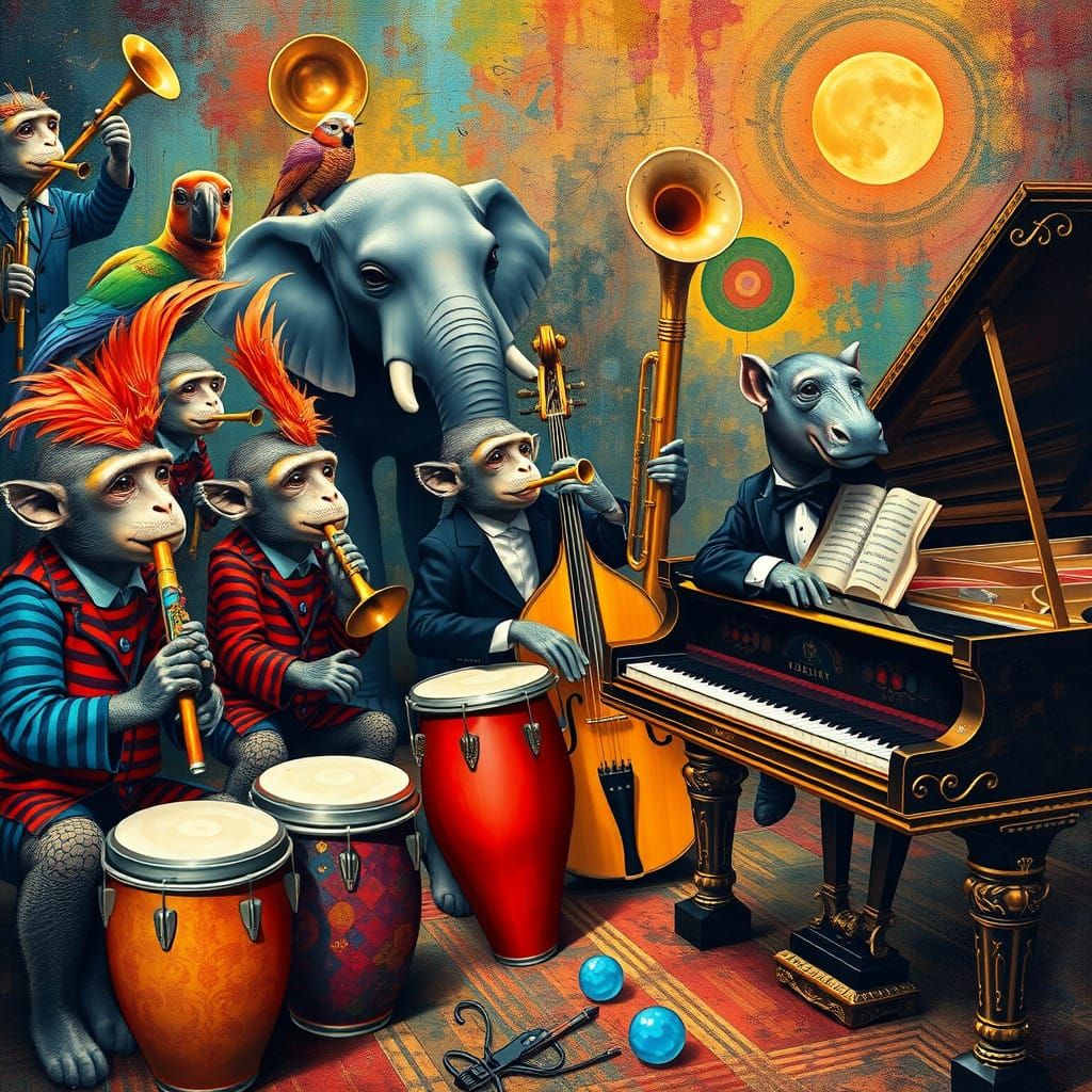 Surreal Scene of Fantastical Animals Orchestra in Vibrant Co...
