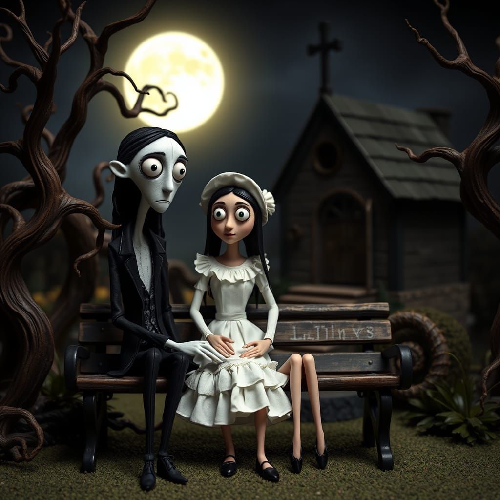 Tim Burton Inspired Couple in Eerie Moonlit Garden
