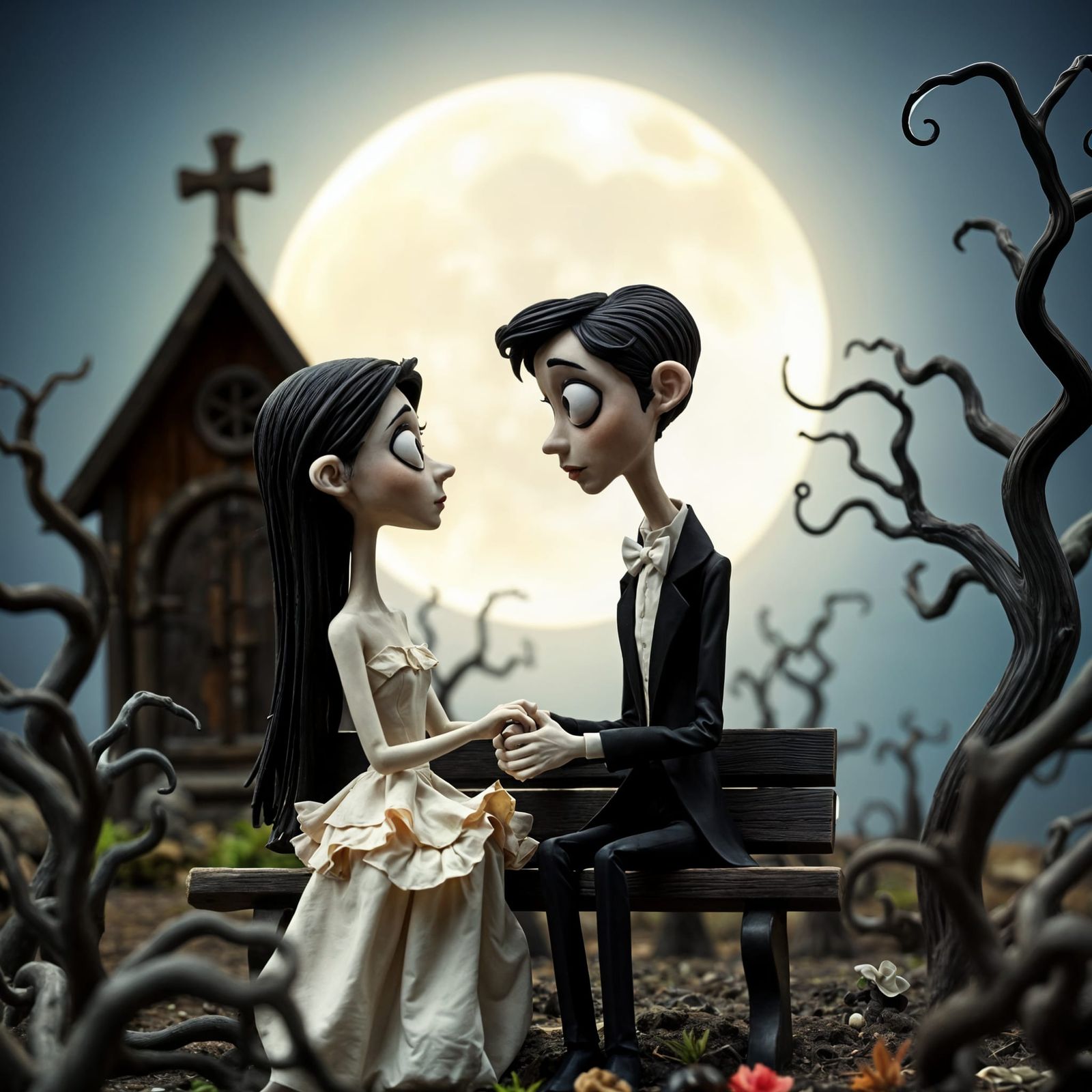 Shy Lovers in a Tim Burton Inspired Claymation Garden