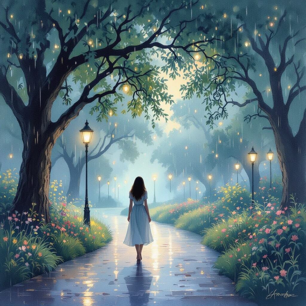 Ethereal Park Scene at Dusk in Watercolor Style