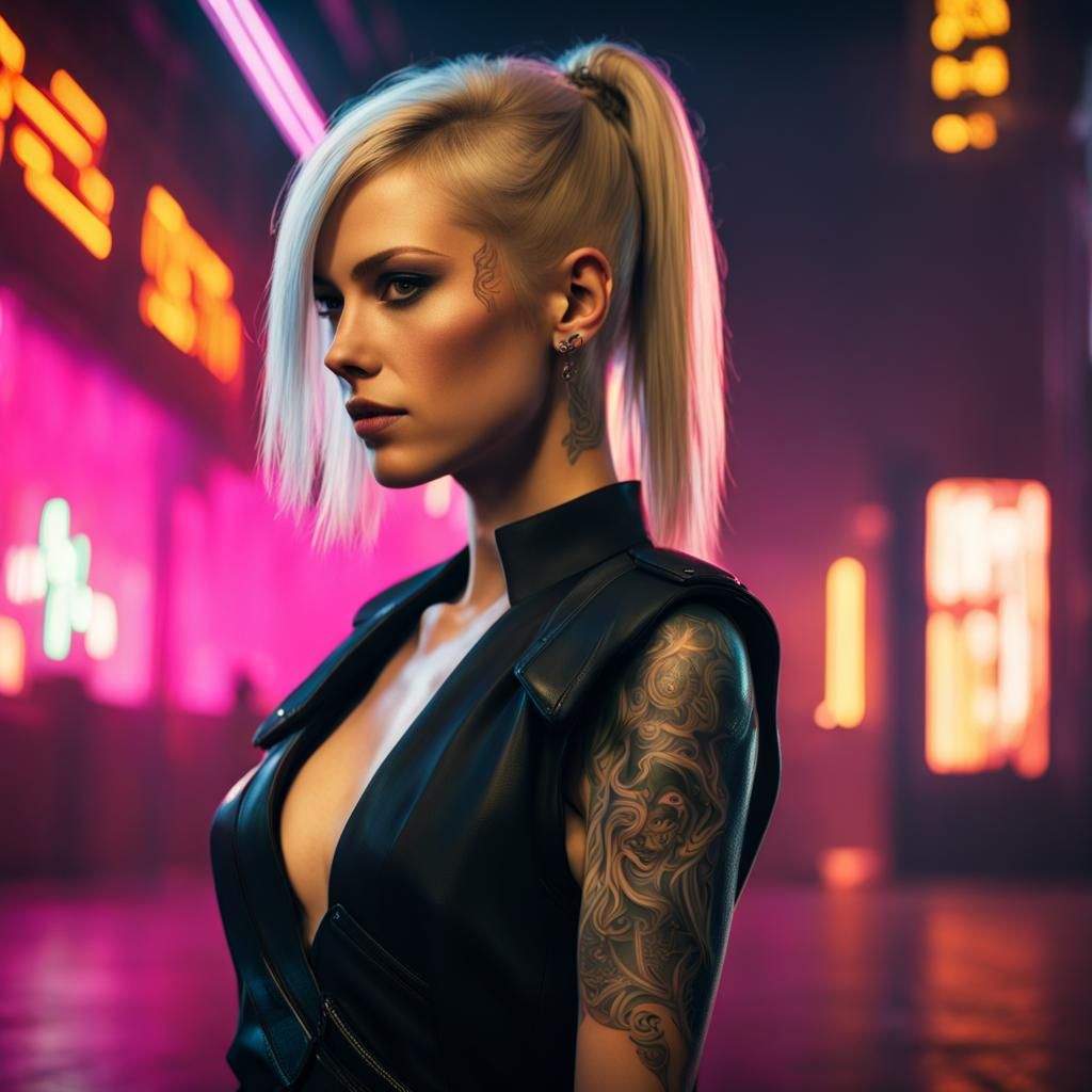 Cyberpunk Girl with Tattoo in Neon Style