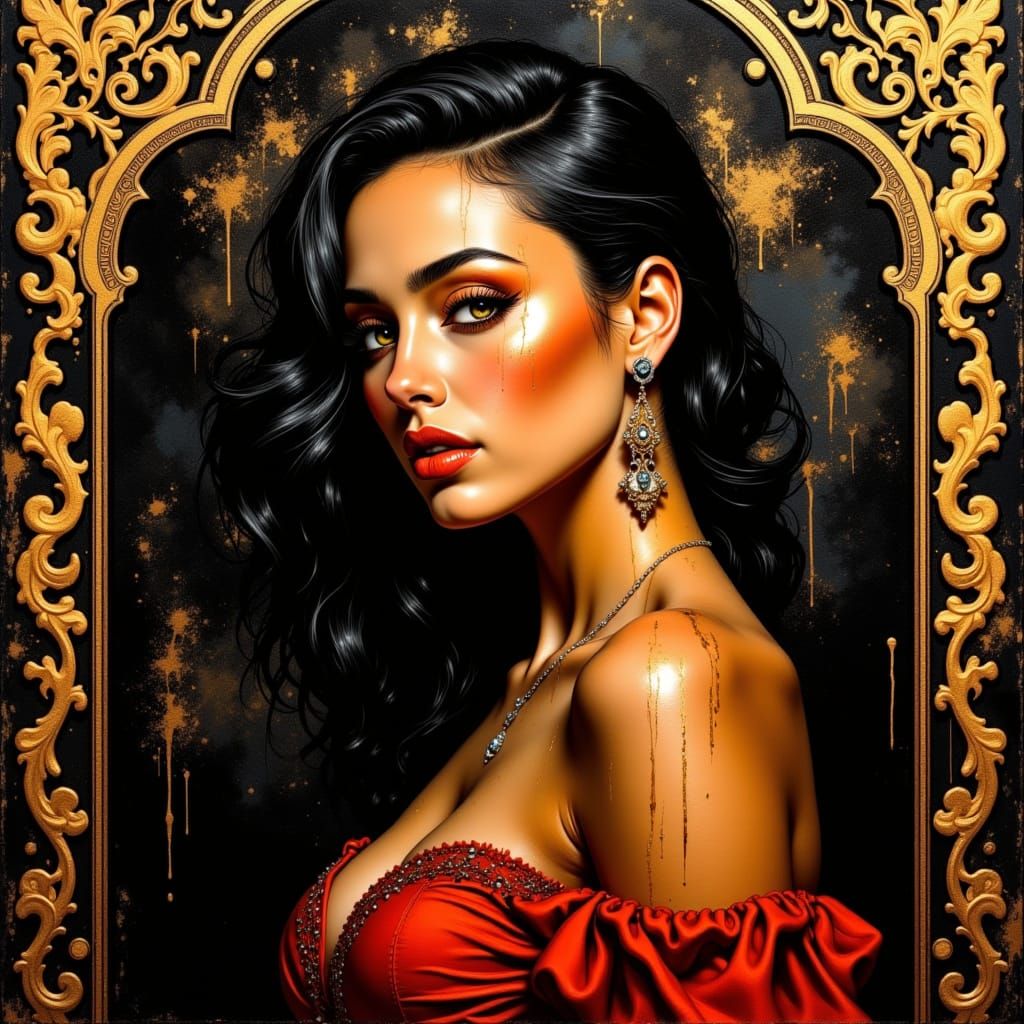 Baroque Portrait with Golden Drips, Oil Painting