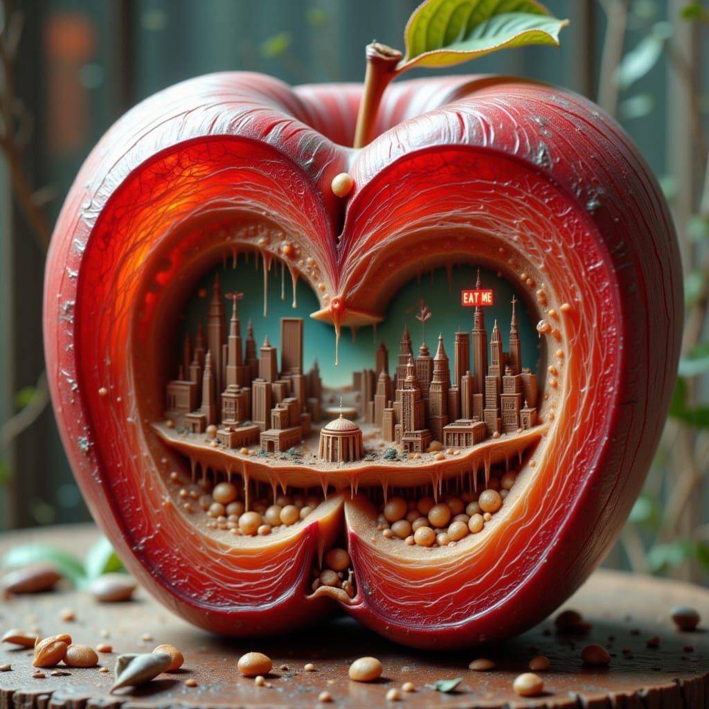 Vibrant Red Apple Cross-Section Unveils a Futuristic Metropo...