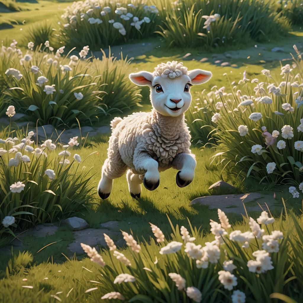 Happy Lamb Jumps in Field: Pixar-Inspired 3D Art