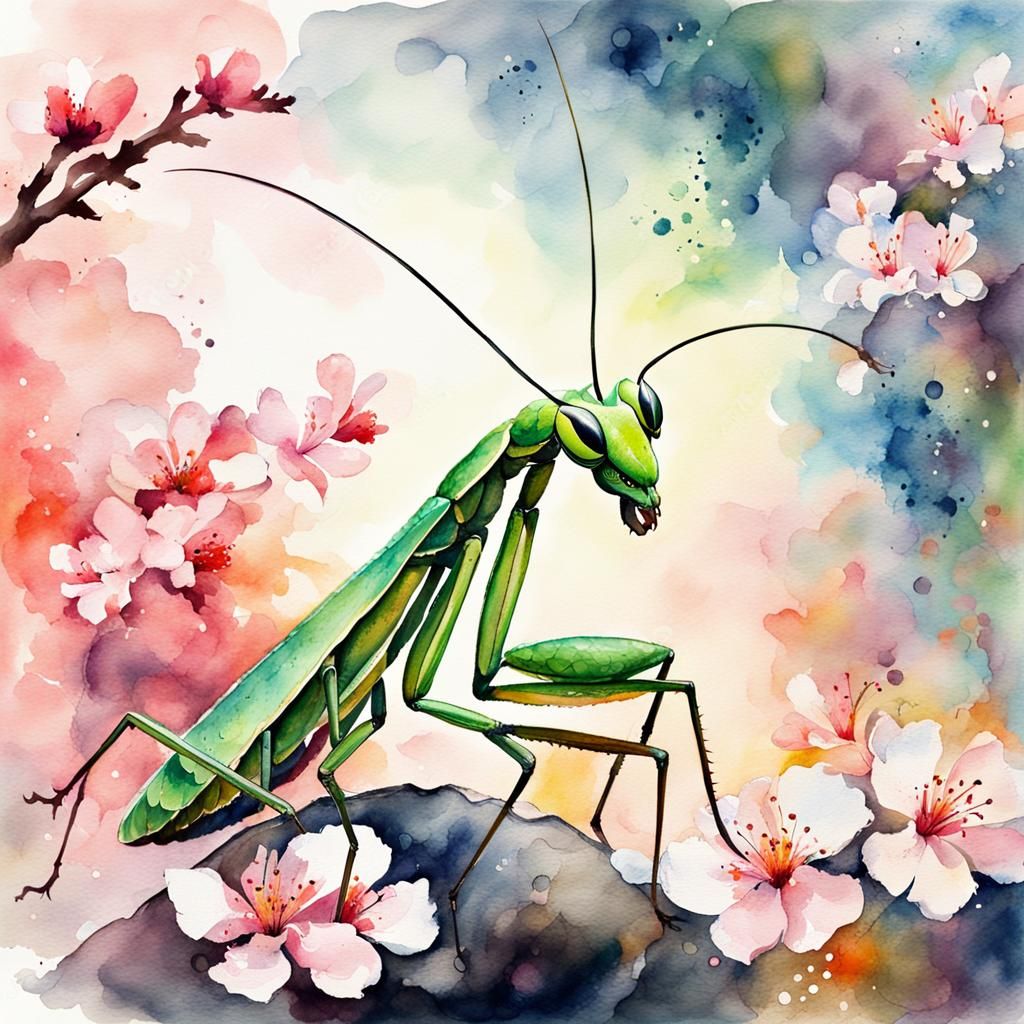 Praying Mantis in Sakura Watercolor Splash Art