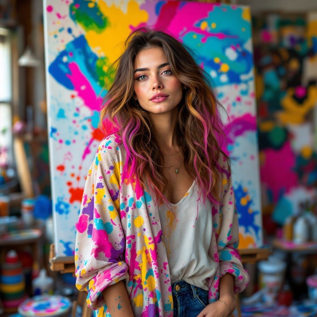Vibrant Female Artist in Bohemian Studio