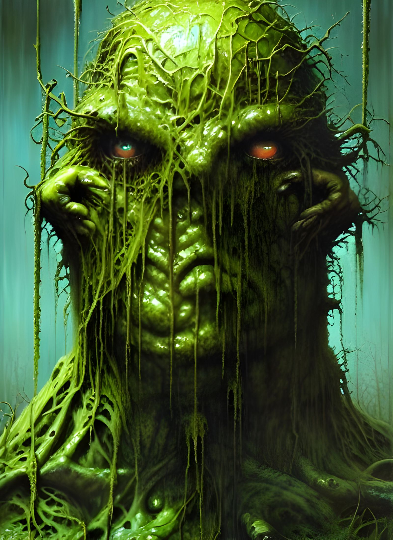 Mossy Swamp Creature Portrait in Gouache Style