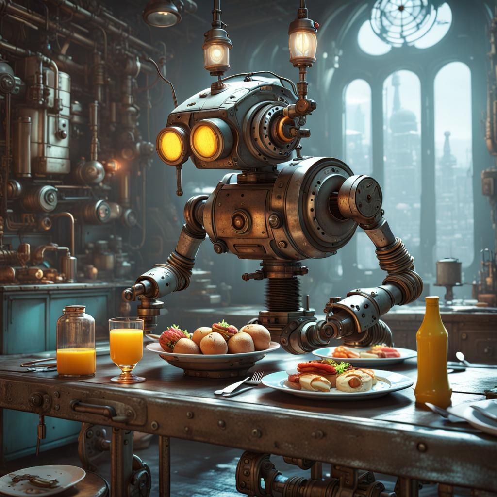 Cyberpunk Robot Butler Serves Breakfast in Wonderland