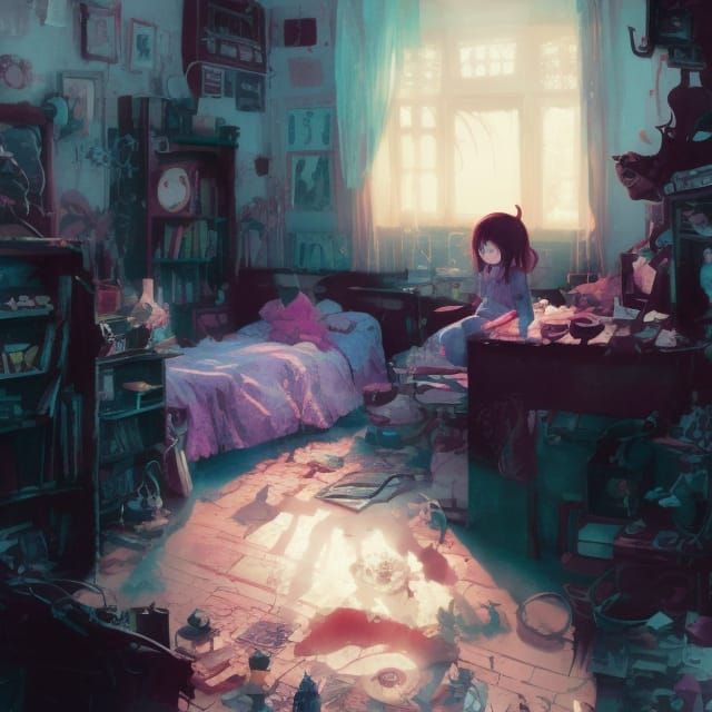 Haunted Lo-Fi Room Illustration in Digital Art Style