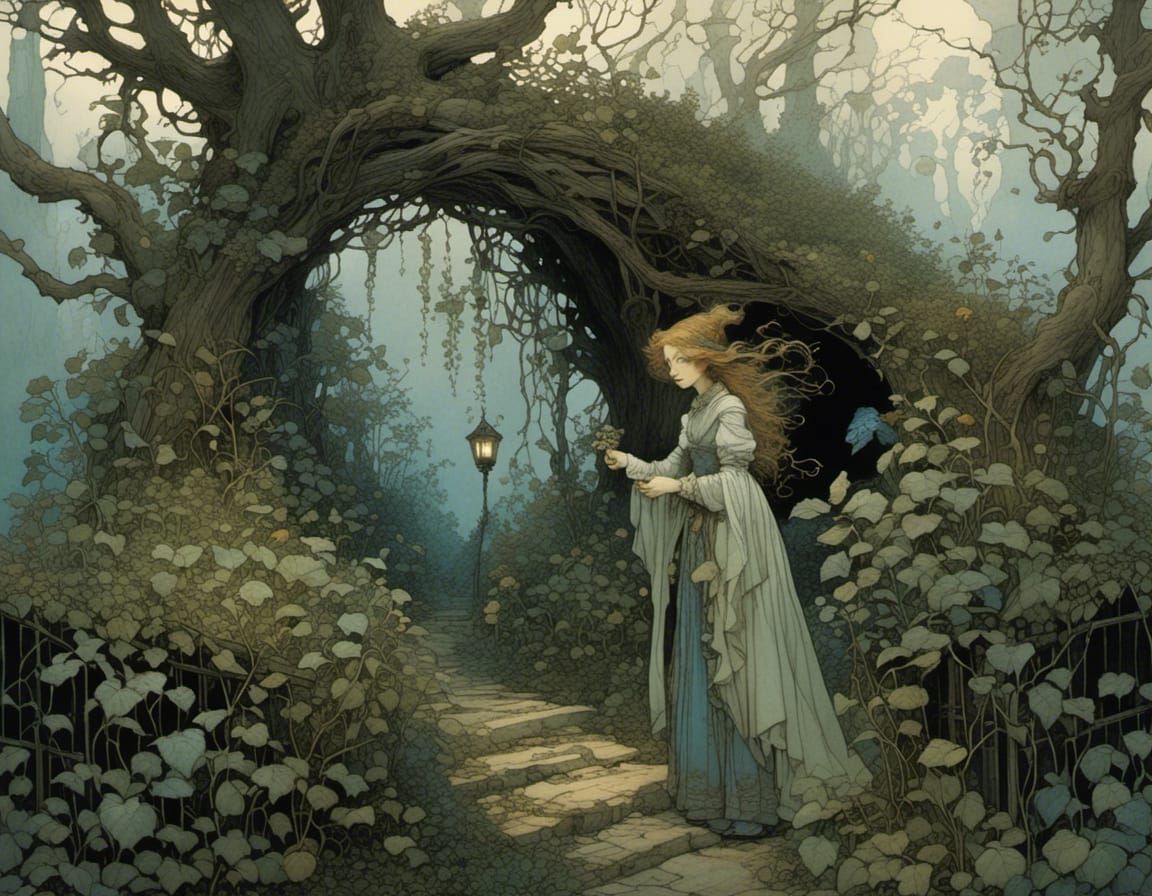 Herb Witch in Overgrown Garden, Mystical Illustration