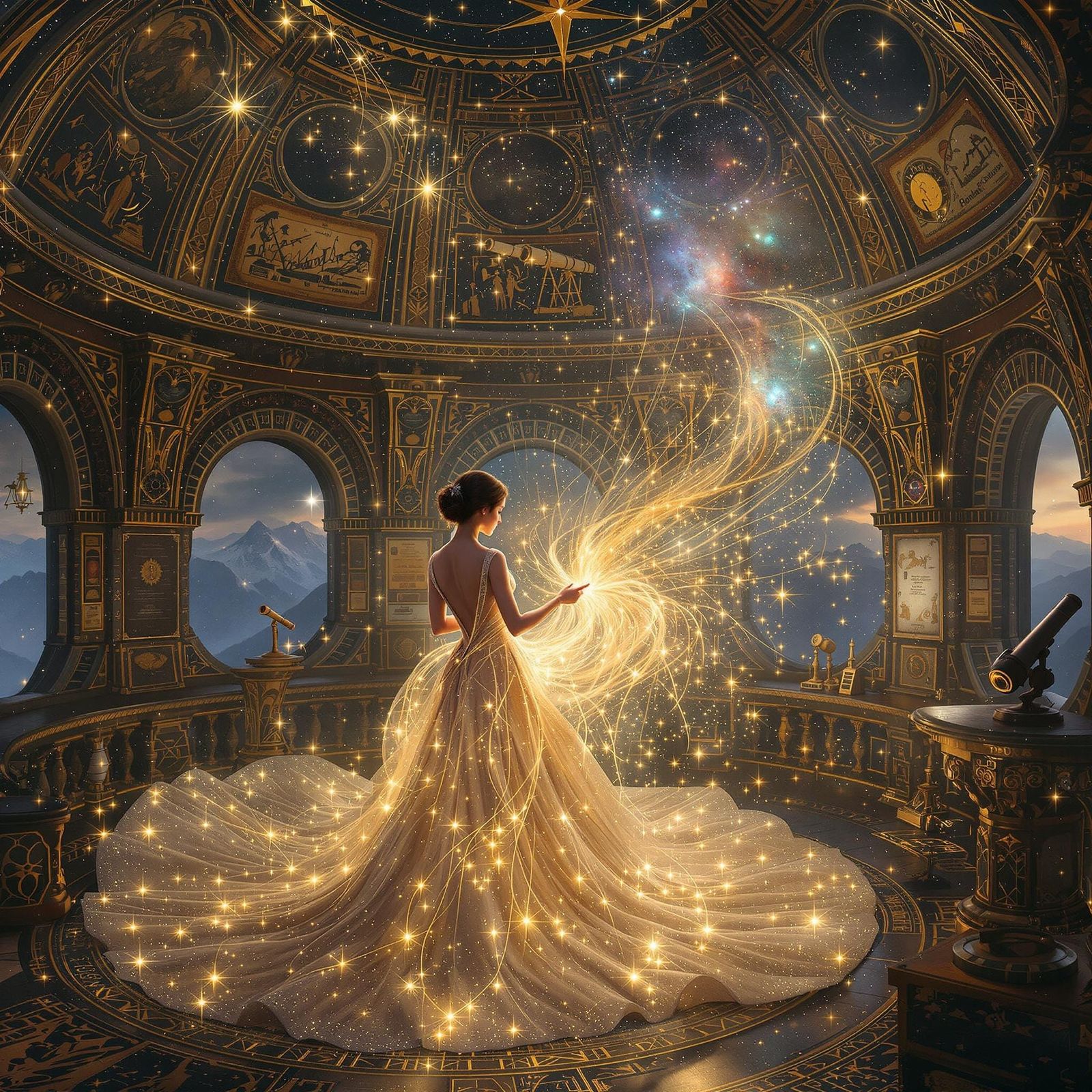 Celestial Seamstress Weaving Starlight Gowns: Digital Art