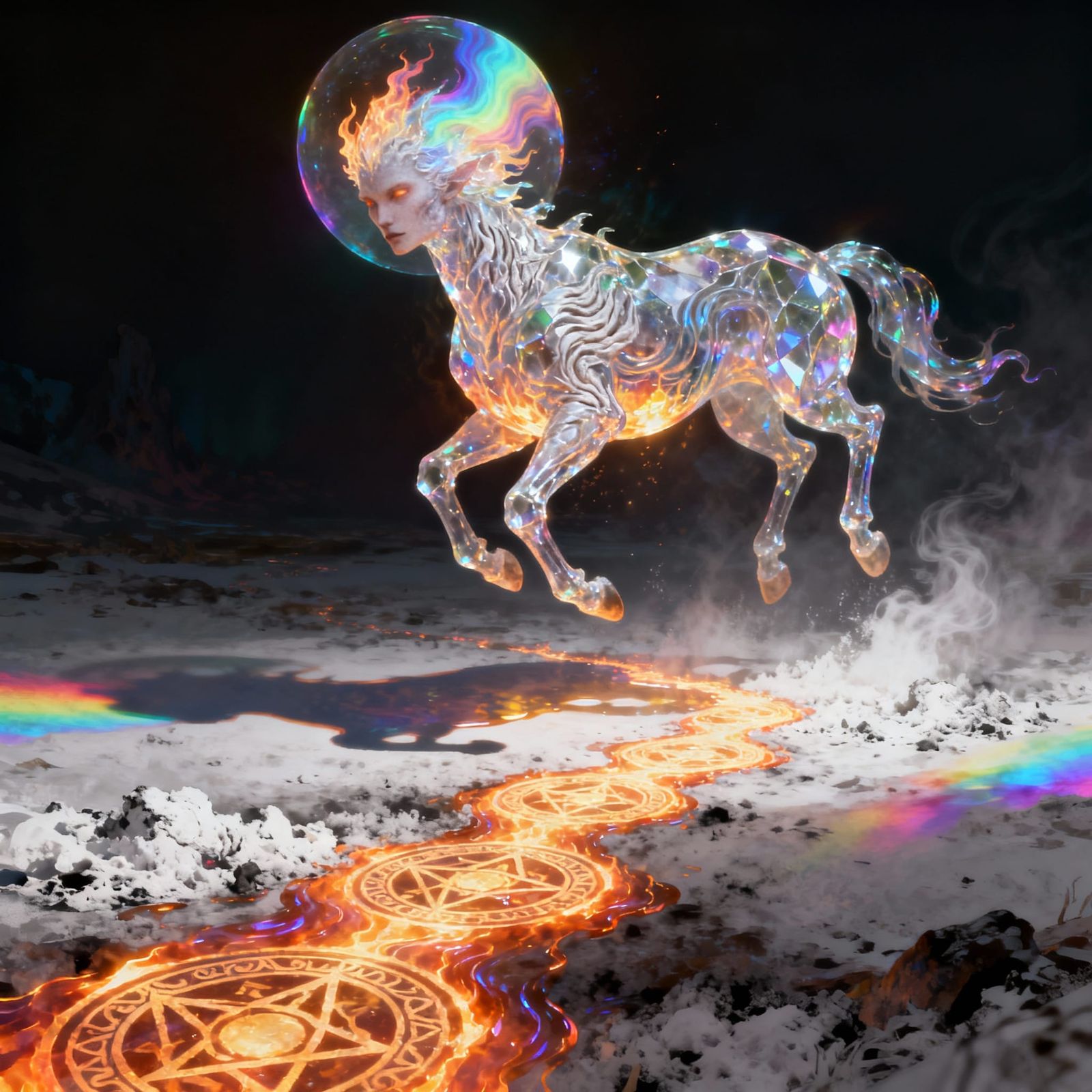 Prismatic Crystalline Fire Entity Ascends Above Molten Sigil...