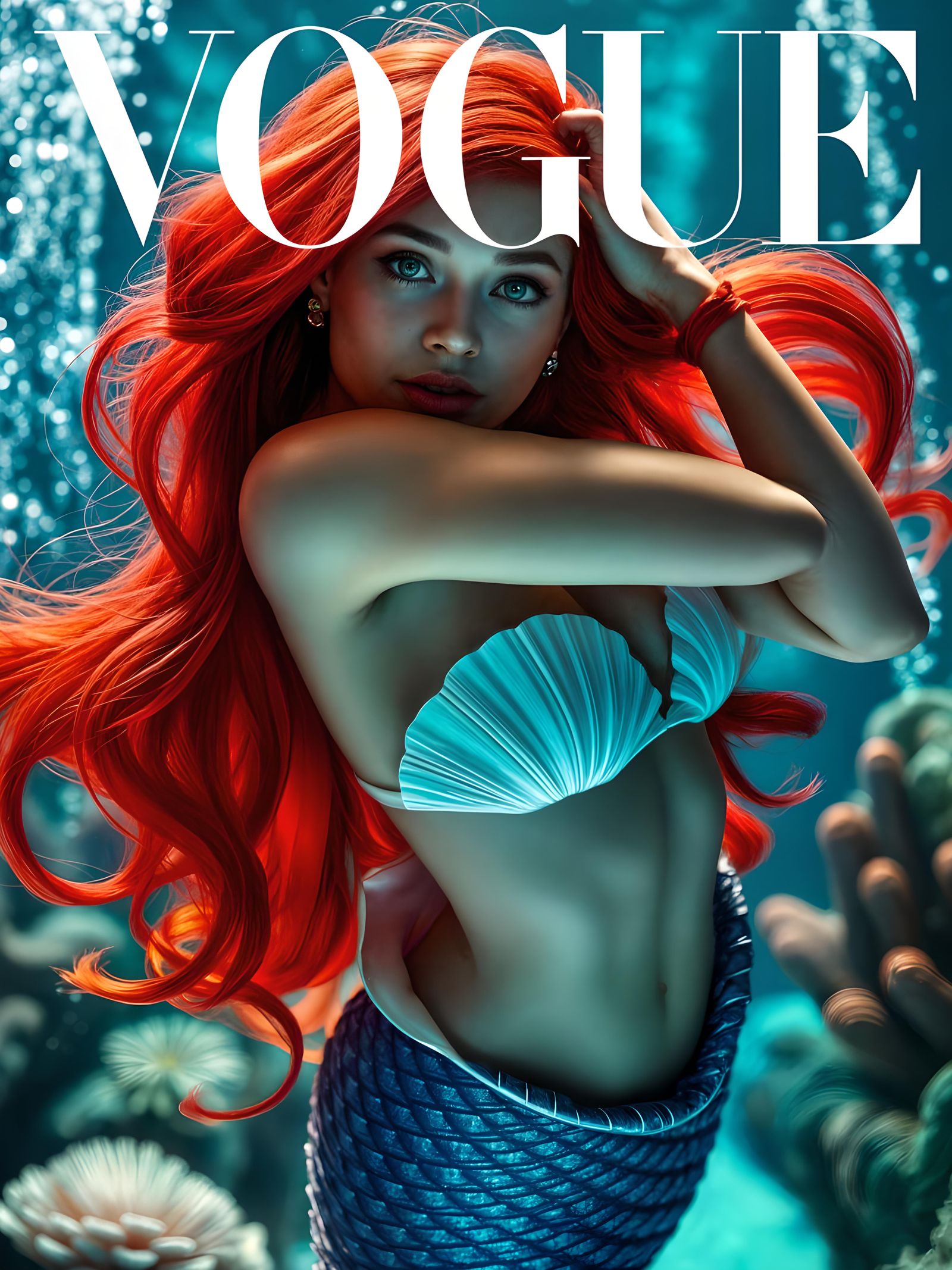 (High fashion cover shot:1.4) of Ariel from "The Little Merm...