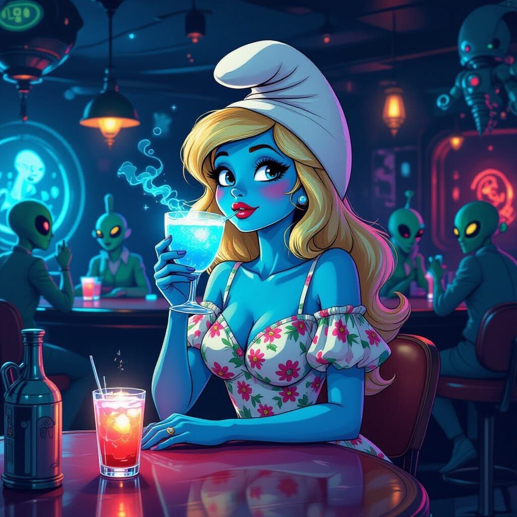 Smurfette at Alien Bar in Retro-Futuristic Illustration
