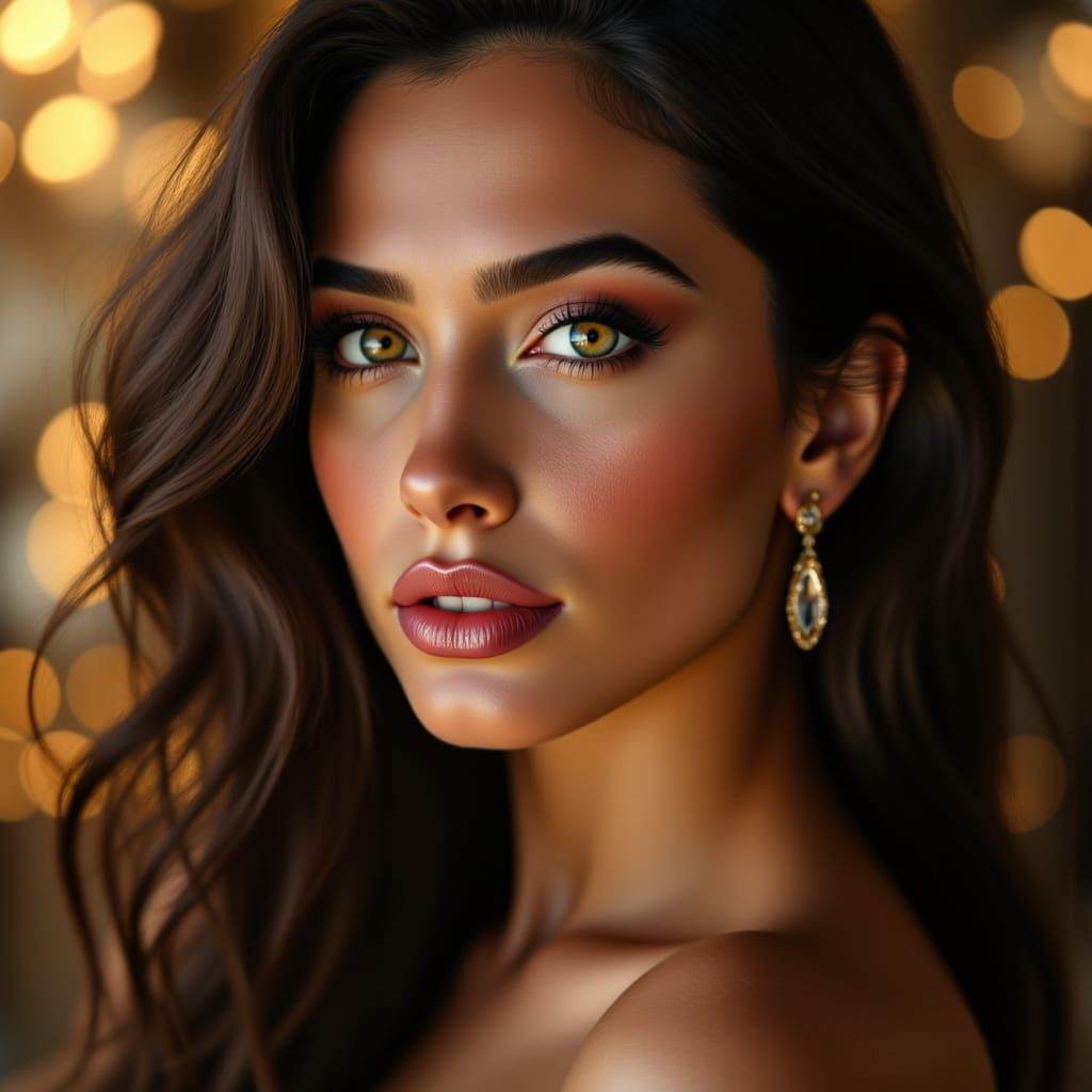 Stunning Woman Portrait with Golden Bokeh Lighting