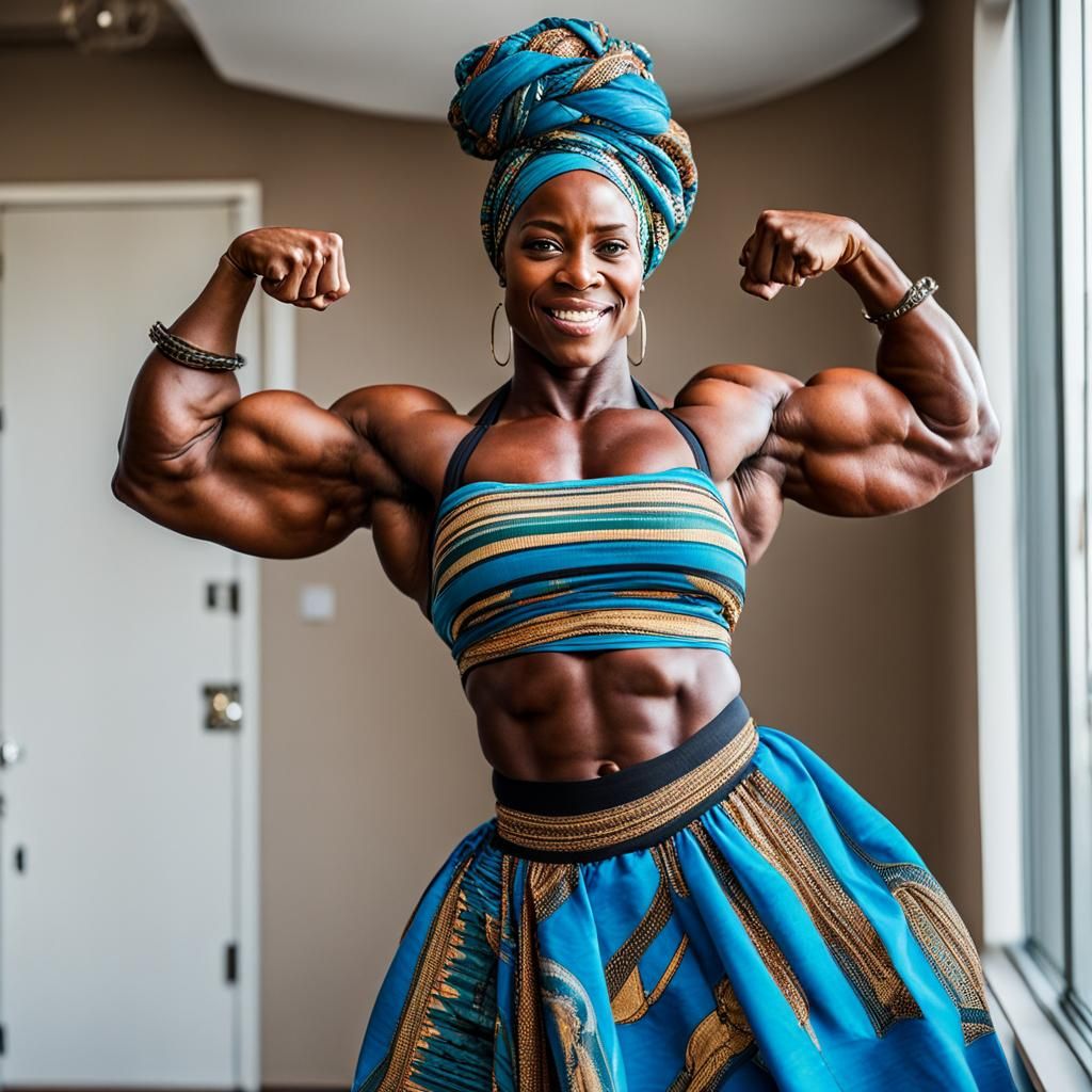 Strong Woman Flexing Biceps in Penthouse Apartment