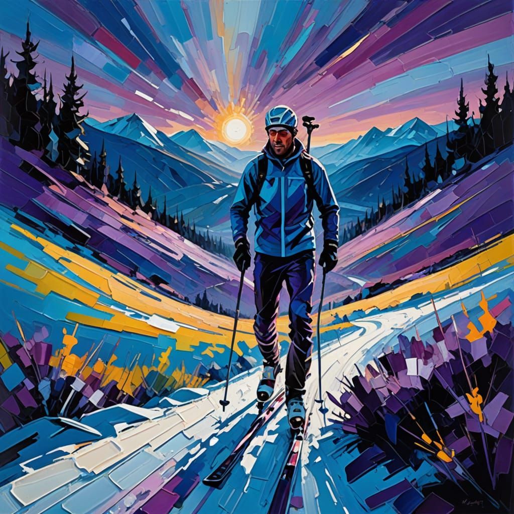 Cross Country Skier in Abstract Expressionist Valley