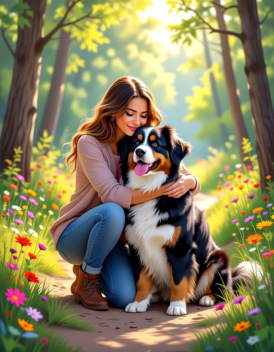 Friends and Dog Find Solace in Sunlit Forest