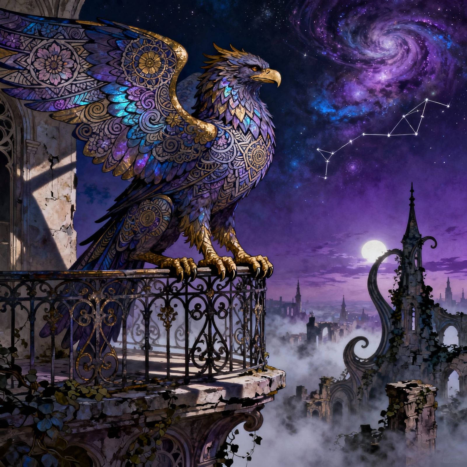 Regal Griffin in Zentangle Style on Art Nouveau Balcony