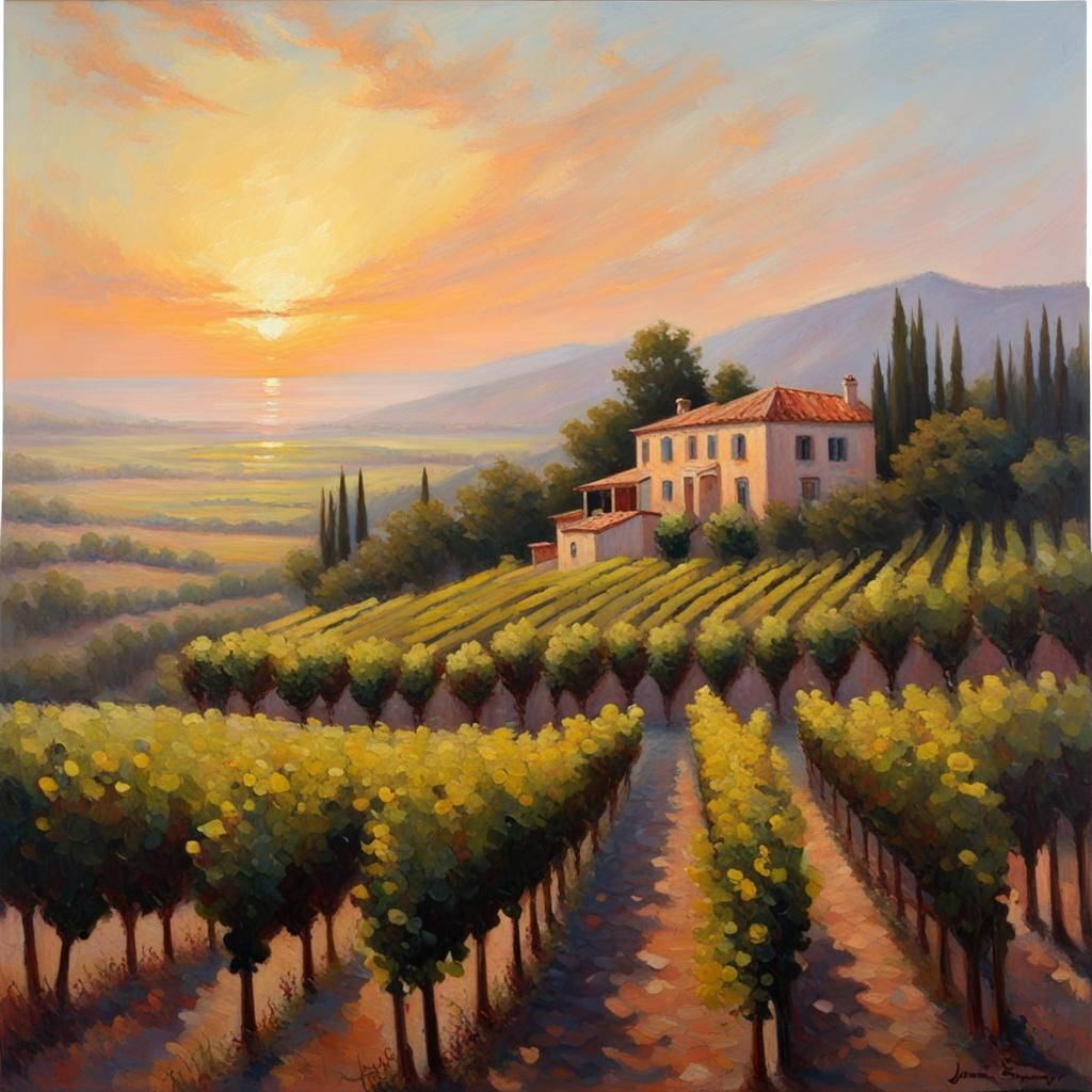 French Vineyard Sunrise Villa: Oil Painting Style