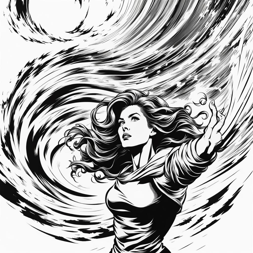 Woman Hero in Tornado: Comic Book Line Art