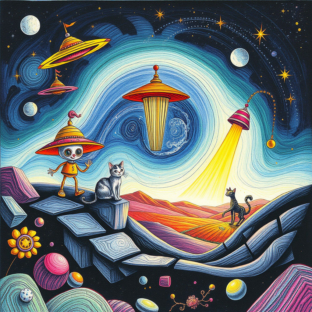 Naive Corkscrew Landscape with Alien Clowns in Surreal Style