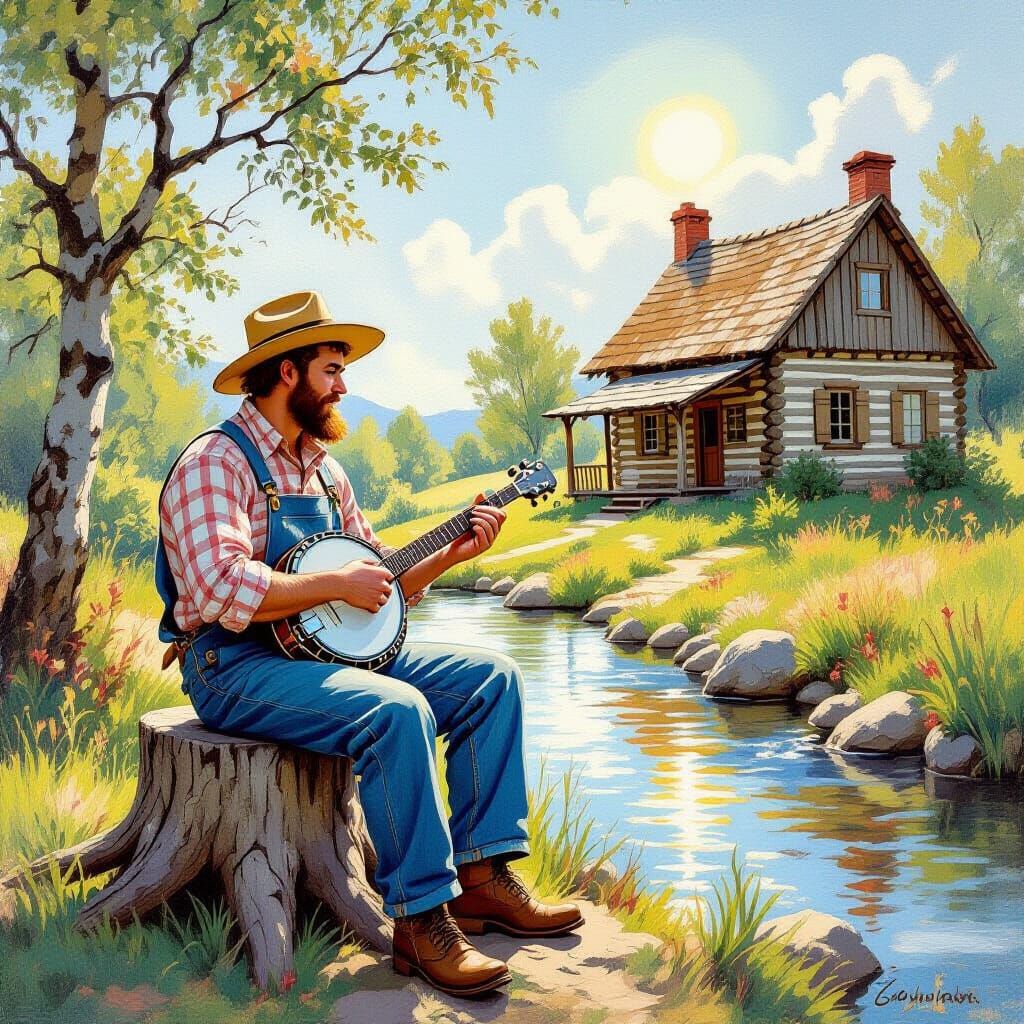 Banjo Player by Stream in Watercolor Style