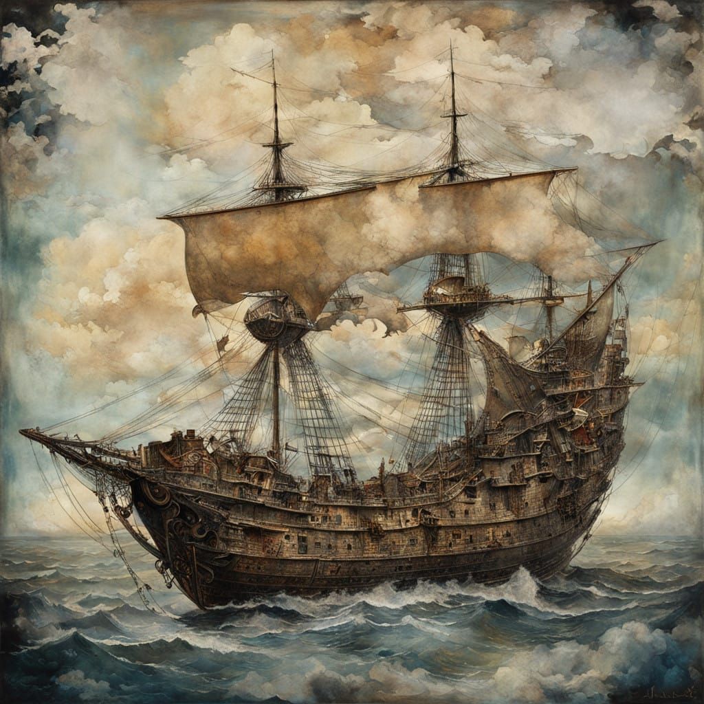 Surrealist Silver Pirate Ship in Antique Paper Clad Atmosphe...