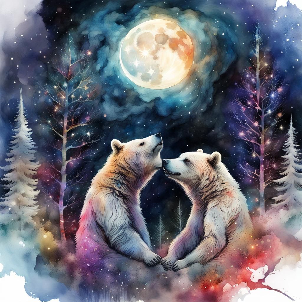Christmas Bears in Double Exposure Watercolor Illustration