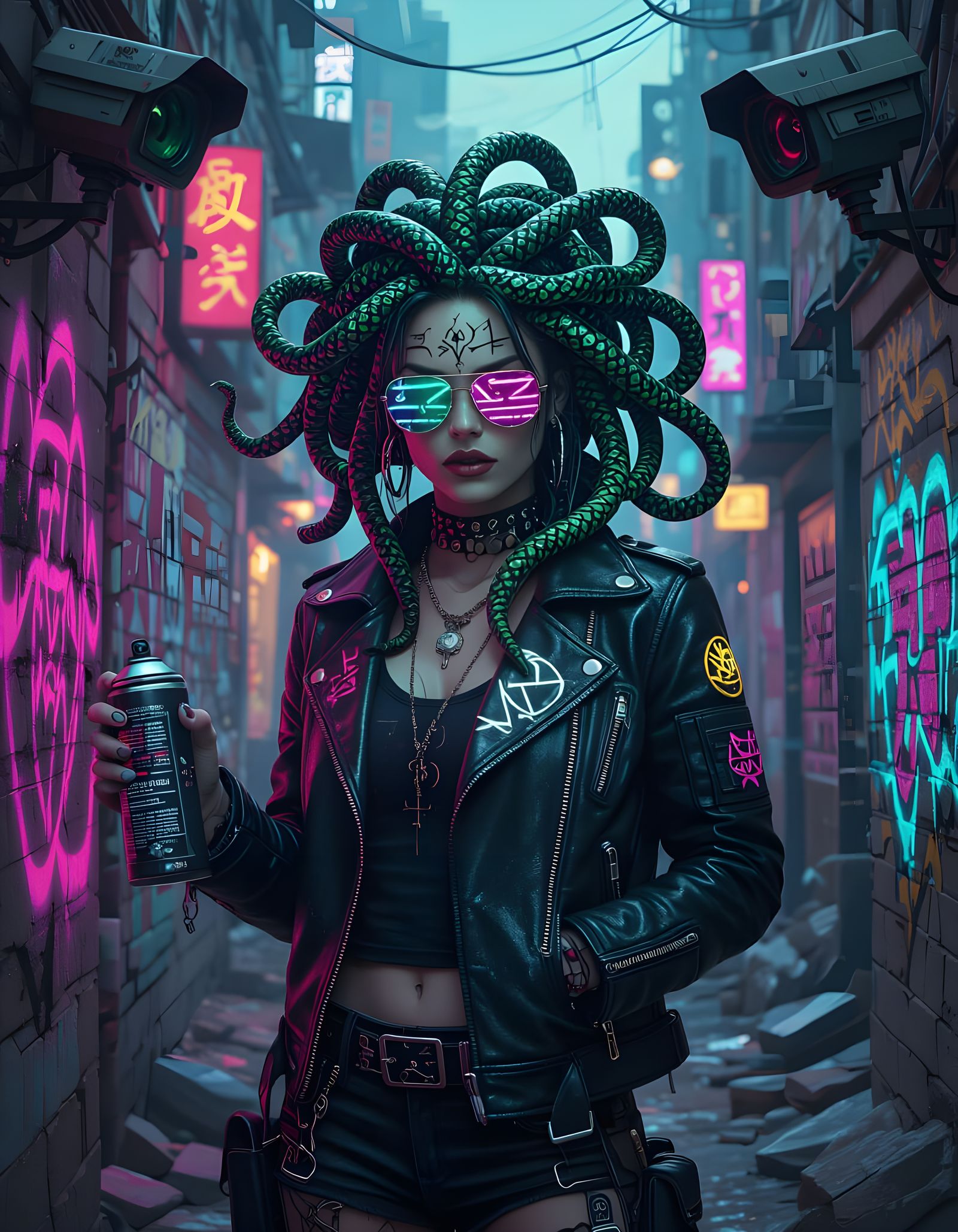 Mythpunk Medusa: Rebel Street Artist in Dystopian City