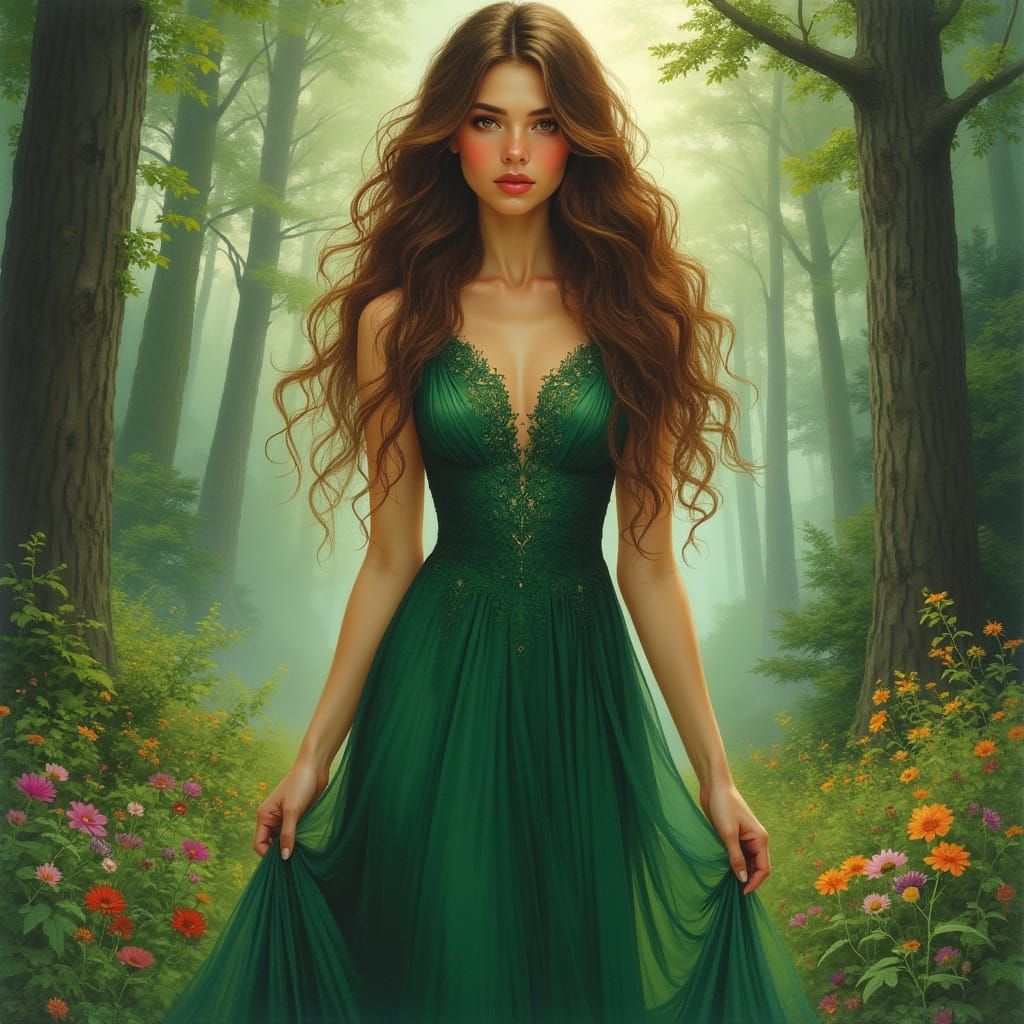 A Woman in Art Nouveau Style with Elegant Dress and Misty Fo...