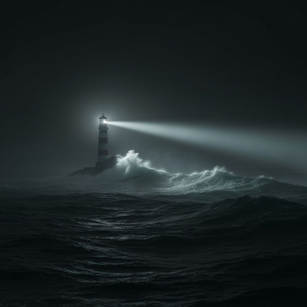Lighthouse Beam Pierces Stormy Night Sea