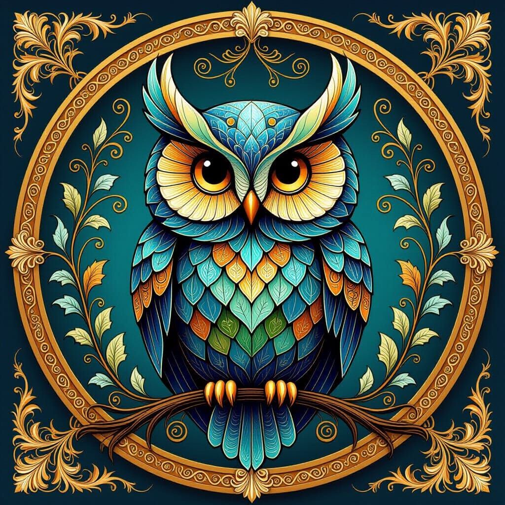 Folk Art Nouveau Owl with Botanical Ornamentation