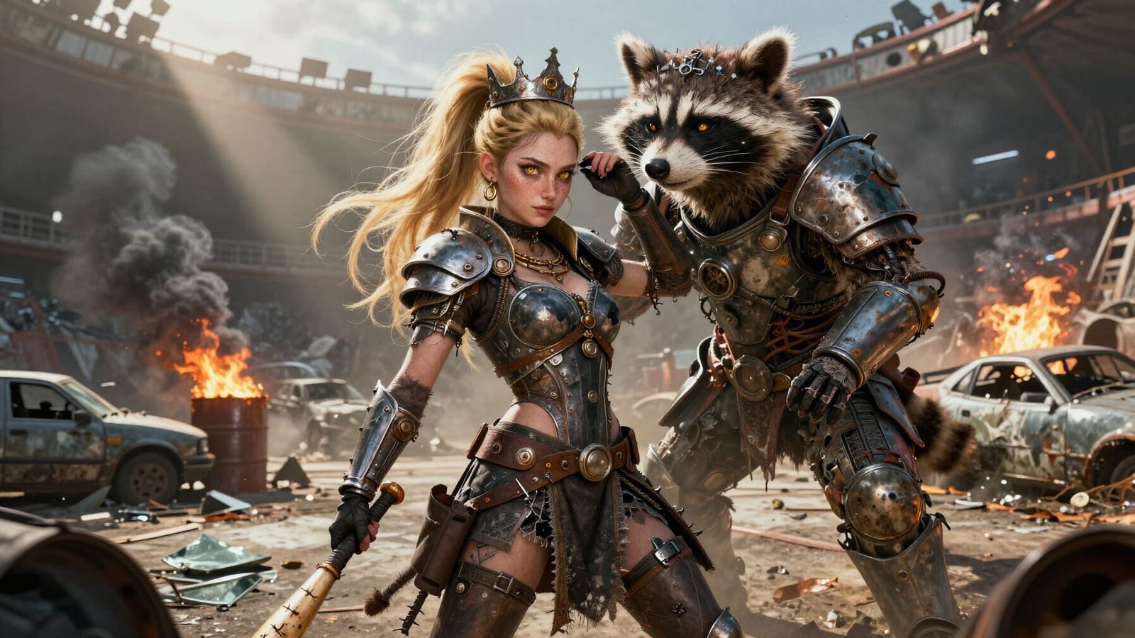 Junkpunk Queen and Giant Raccoon in Trash Arena