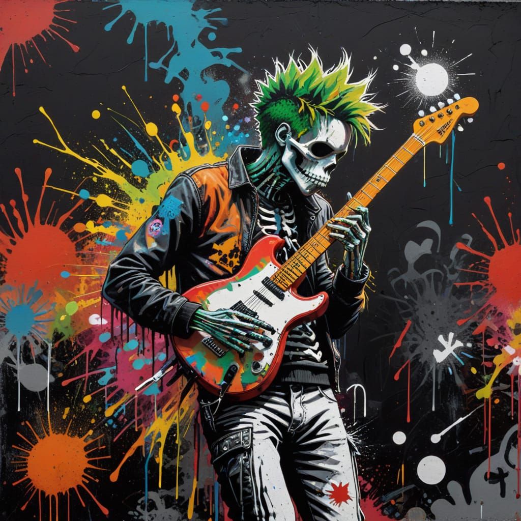Street Art: Skeleton Rockstar Plays Tennis