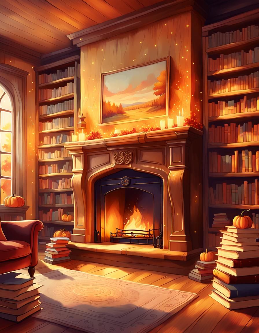 Cozy Autumn Library Interior in Cartoon Style