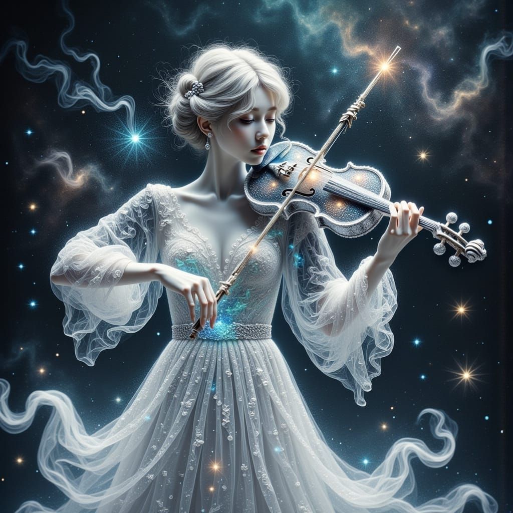 Ethereal Space Violinist in Nebula Landscape