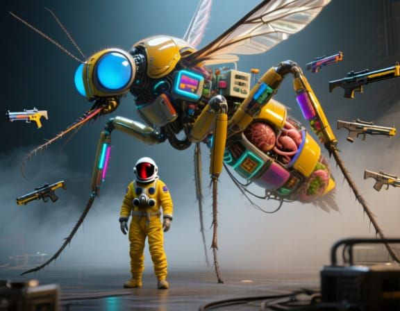 Giant Biomechanical Mosquito Creature with Astronaut