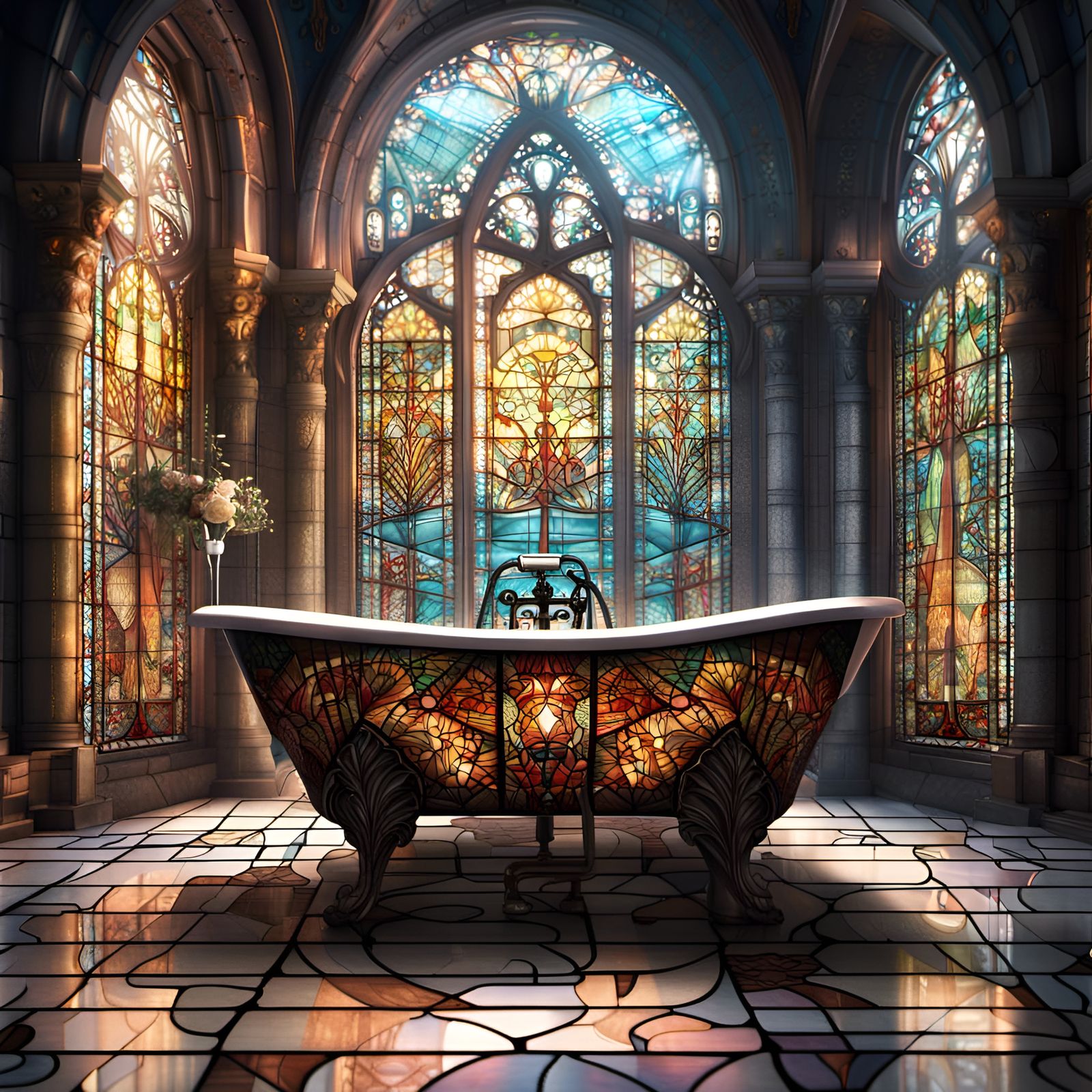 Detailed Stained Glass Bathtub Digital Painting