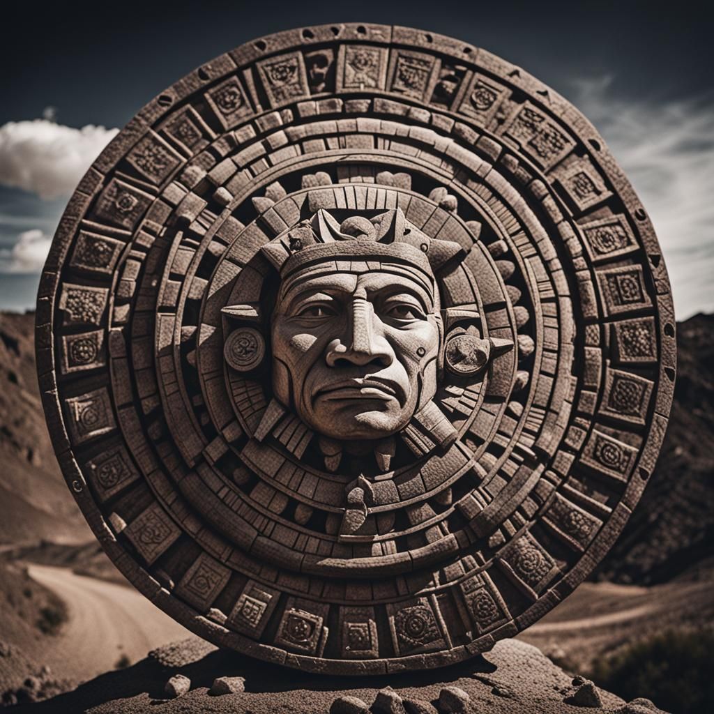 Aztec Calendar in Mountain Desert Landscape