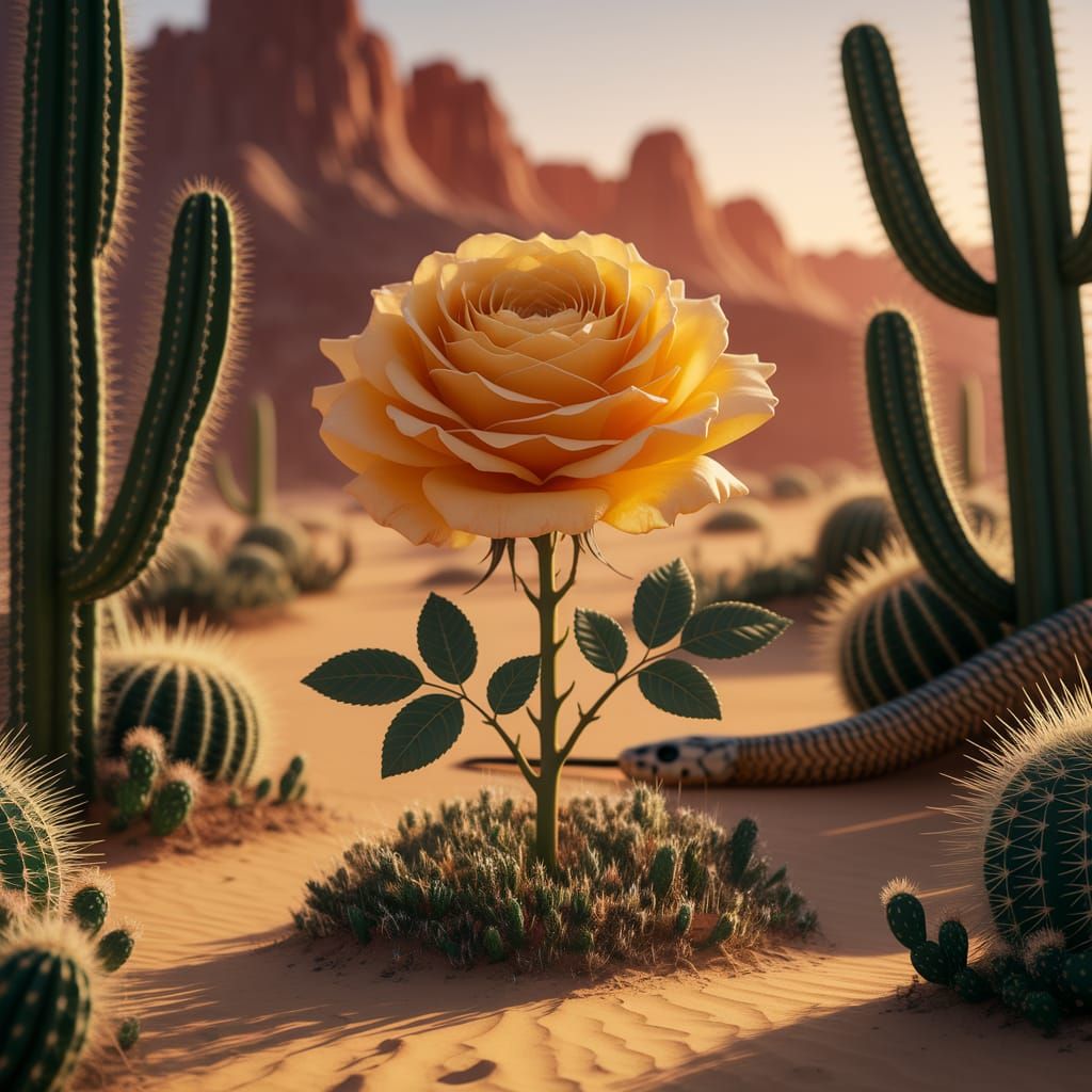 Vibrant Yellow Rose Blooms in a Desert Oasis