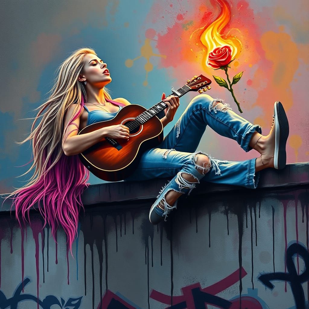 Woman Playing Guitar: Graffiti Street Art