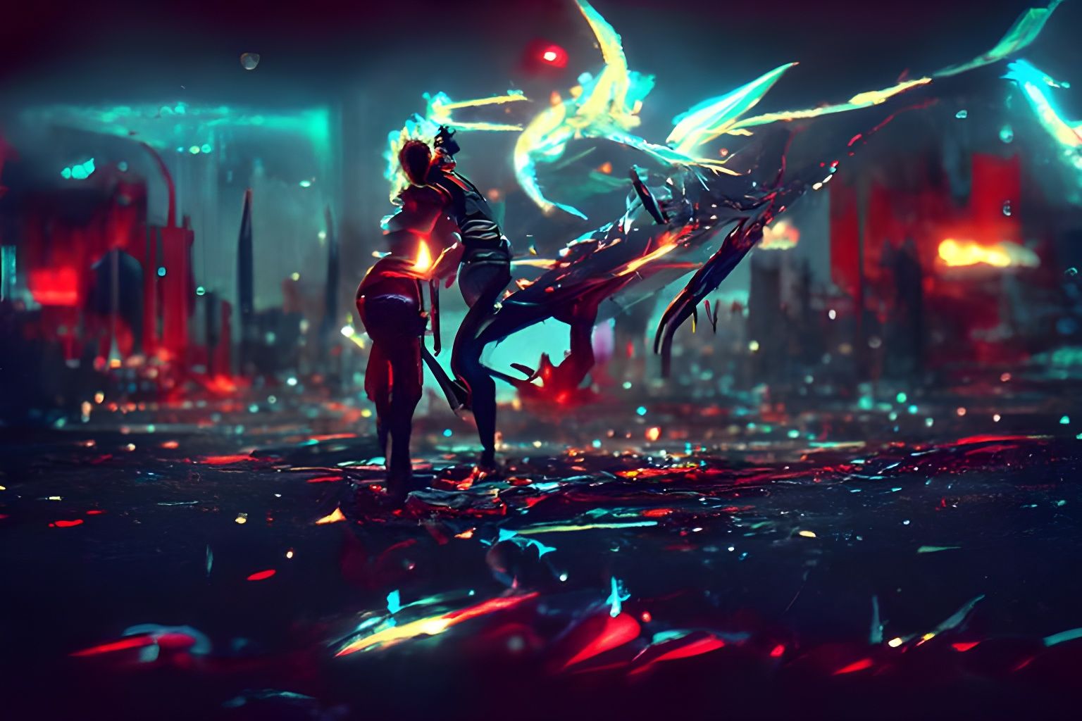 Epic Dragon Battle in Cyberpunk Style